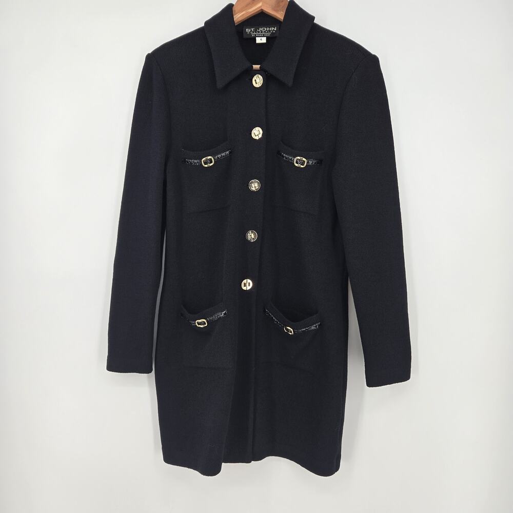 St. John Collection Knit Sweater Jacket Black Gold Buttons Long Size Medium